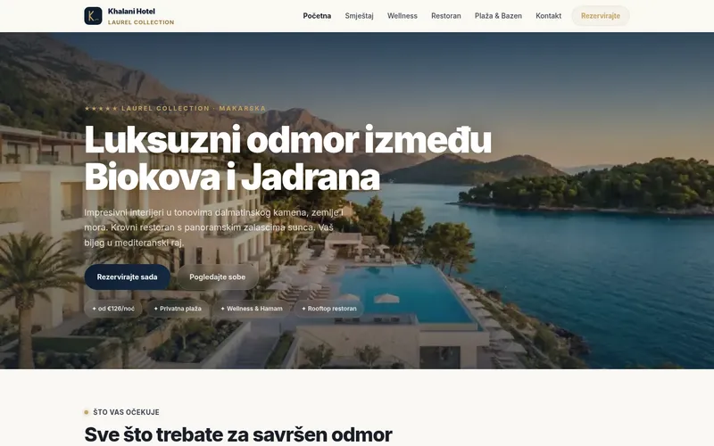 Screenshot der Hotel-Website Aminess Khalani in Makarska mit Meerblick-Hero