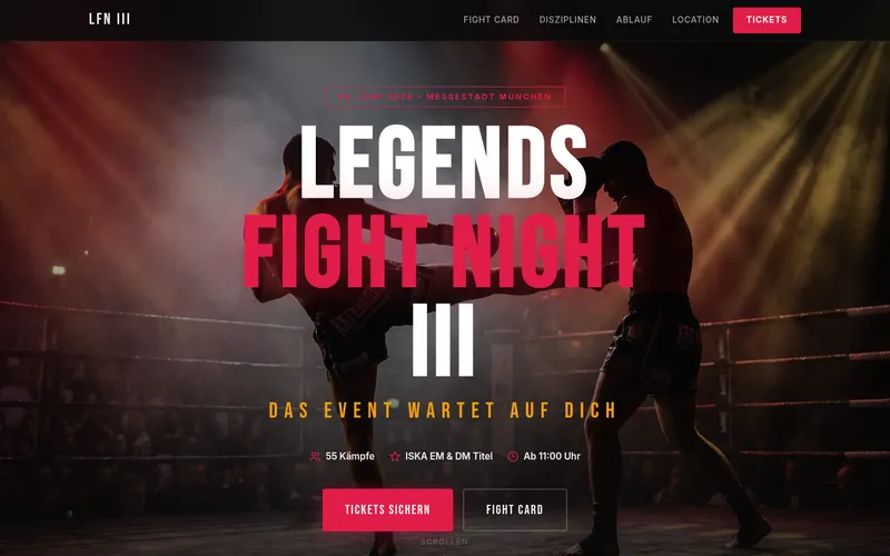 Screenshot der Event-Website Legends Fight Night III München