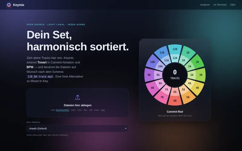 Screenshot der Web-App Keymix mit farbigem Camelot-Rad zum harmonischen Sortieren von DJ-Sets