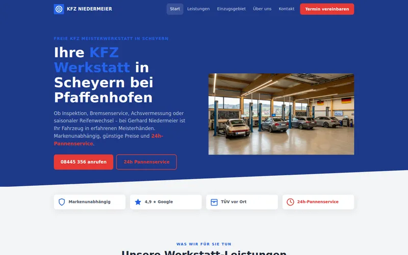 Screenshot der Website der KFZ-Werkstatt Niedermeier in Scheyern