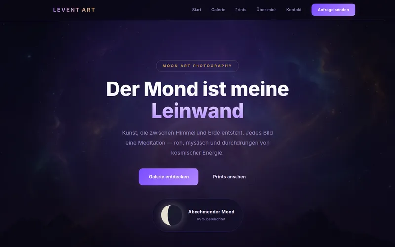Screenshot des Fotografie-Portfolios Levent Art mit Mondmotiv