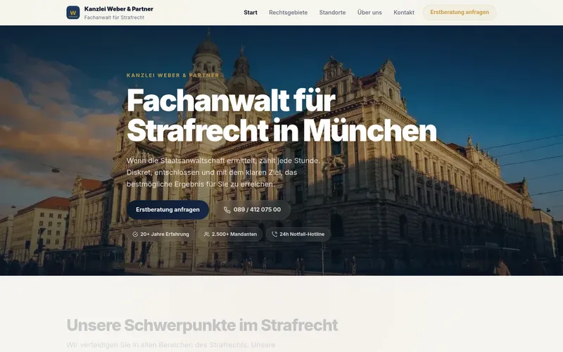 Screenshot der Website einer Strafrechtskanzlei in München mit dunklem, seriösem Design