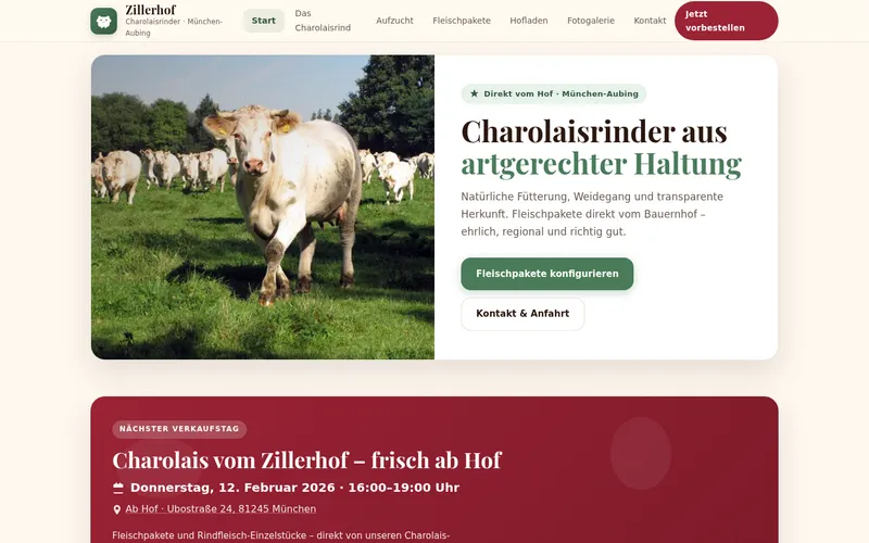 Screenshot der Website des Zillerhofs mit Charolais-Rindern auf der Weide